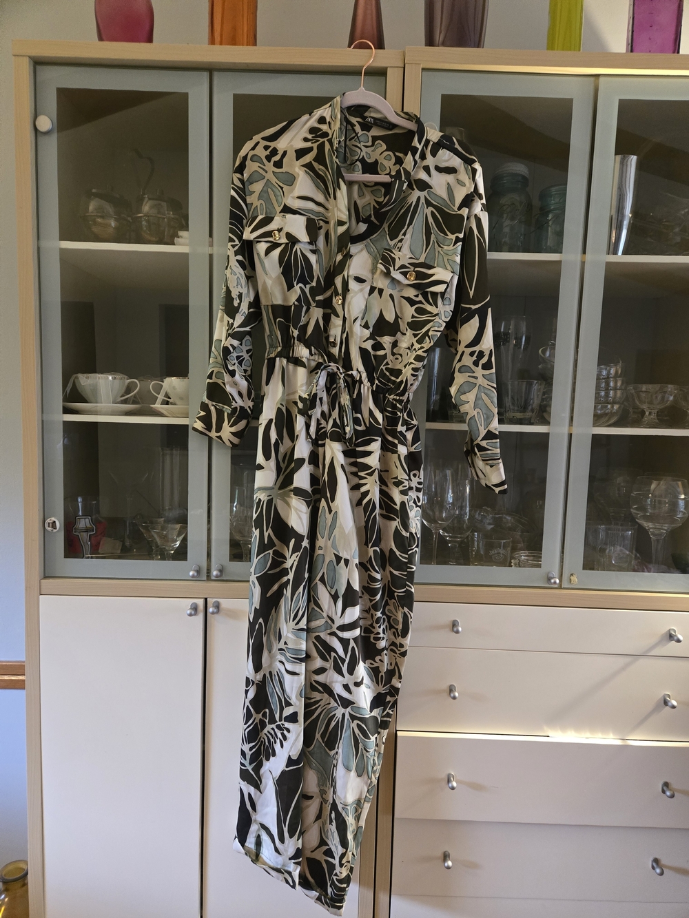 Zara Black, White & Olive Green Botanical Maxi Dress